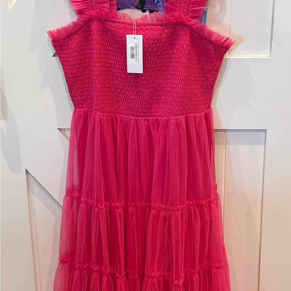 Baltic Born Bright Pink Smocked Tulle Tiered Dress